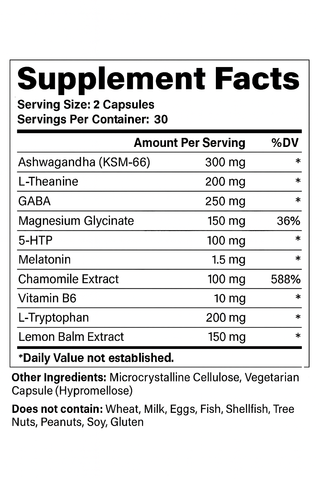 MediOops Knock Me Out, Gently ingredients — Ashwagandha KSM-66, L-Theanine, GABA, Magnesium Glycinate, Melatonin, Chamomile, L-Tryptophan, 5-HTP, and Lemon Balm for better sleep and relaxation.
