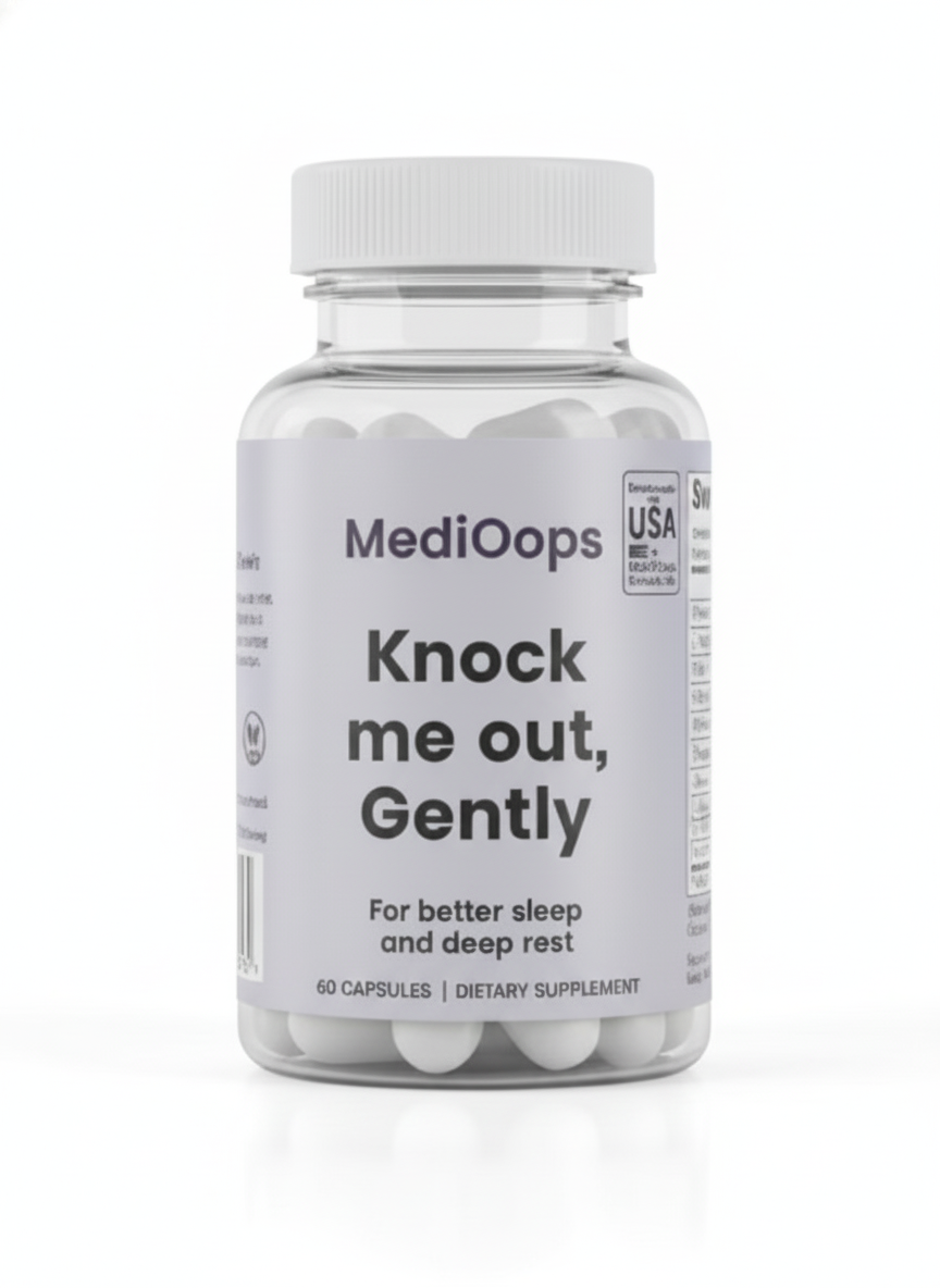 MediOops Knock Me Out, Gently sleep supplement bottle — natural formula for deep sleep, relaxation, and overnight recovery. Fall asleep faster, wake up happier.