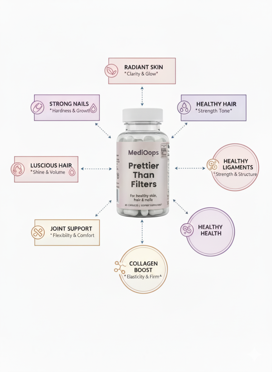 MediOops Prettier Than Filters infographic — radiant skin, luscious hair, collagen boost, strong nails, and youthful glow. Natural beauty from the inside out.