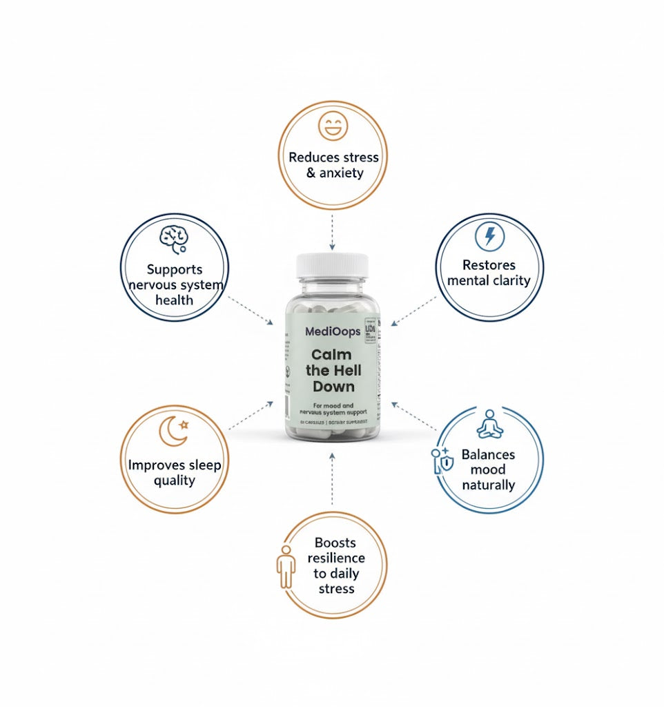 MediOops Calm the Hell Down infographic — reduces stress and anxiety, supports nervous system, improves sleep and mood. Relax, it’s just science and humor.