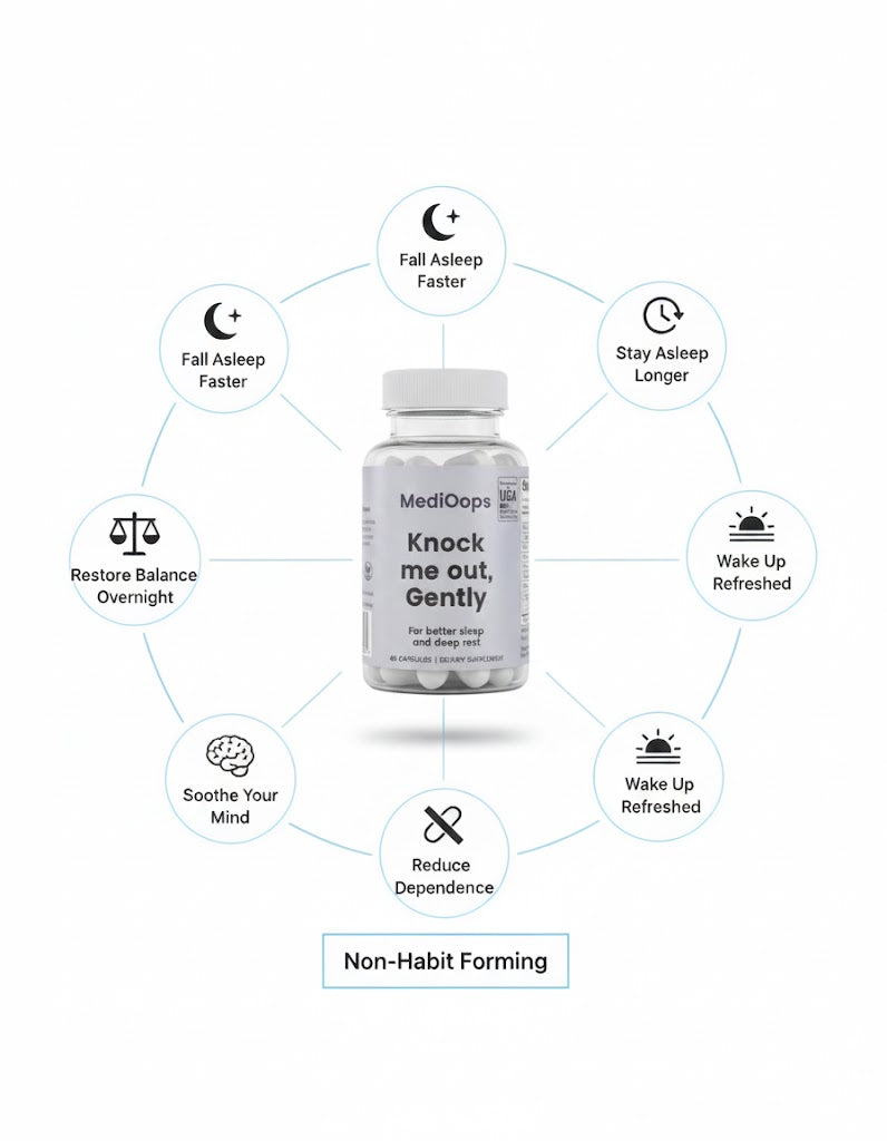 MediOops Knock Me Out, Gently infographic — helps you fall asleep faster, stay asleep longer, wake up refreshed, and calm your mind. Non-habit-forming sleep aid that actually works.