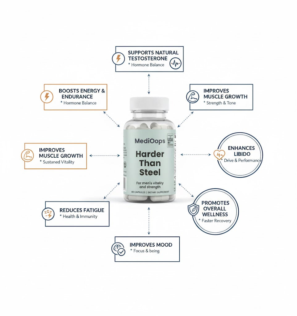 MediOops Harder Than Steel infographic — supports natural testosterone, improves muscle growth, boosts libido, enhances energy and recovery. Funny supplement for real strength .

